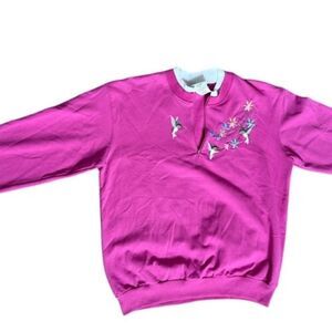 Top Stitch Morning Sun Sweatshirt M Layered Pink White Flowers Hummingbirds
